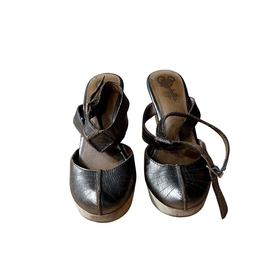Seychelles Womens Metallic Pewter Leather Wood Platform Cone Heel Sandals Size 8
